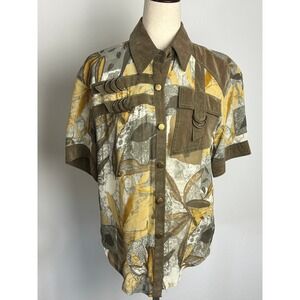 Cache Vintage 80's Abstract Print Safari Shirt D-Ring Hardware Olive Mustard